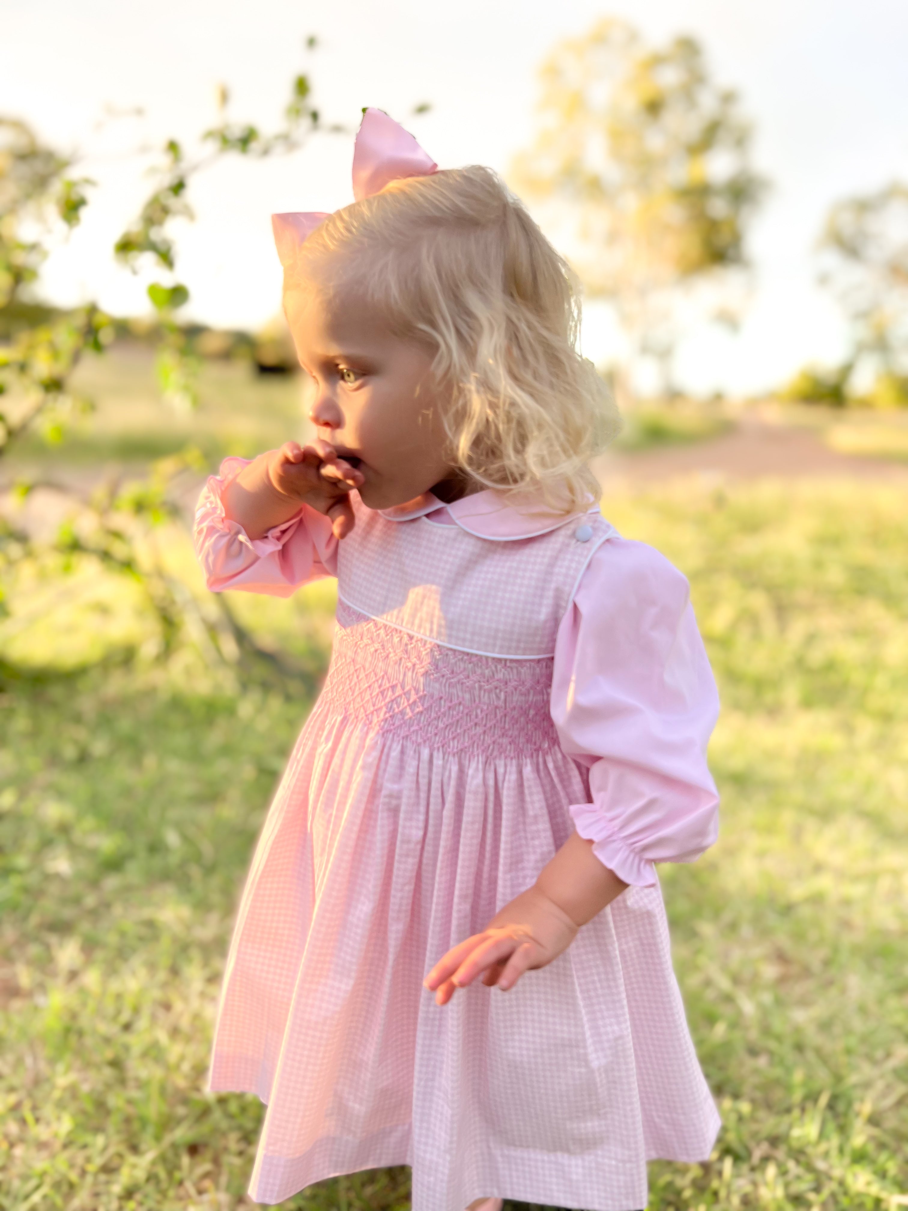 The Smocked Pinafore - Baby Pink Houndstooth