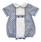 The Pleated Romper ~ Navy Striped Swiss Dot