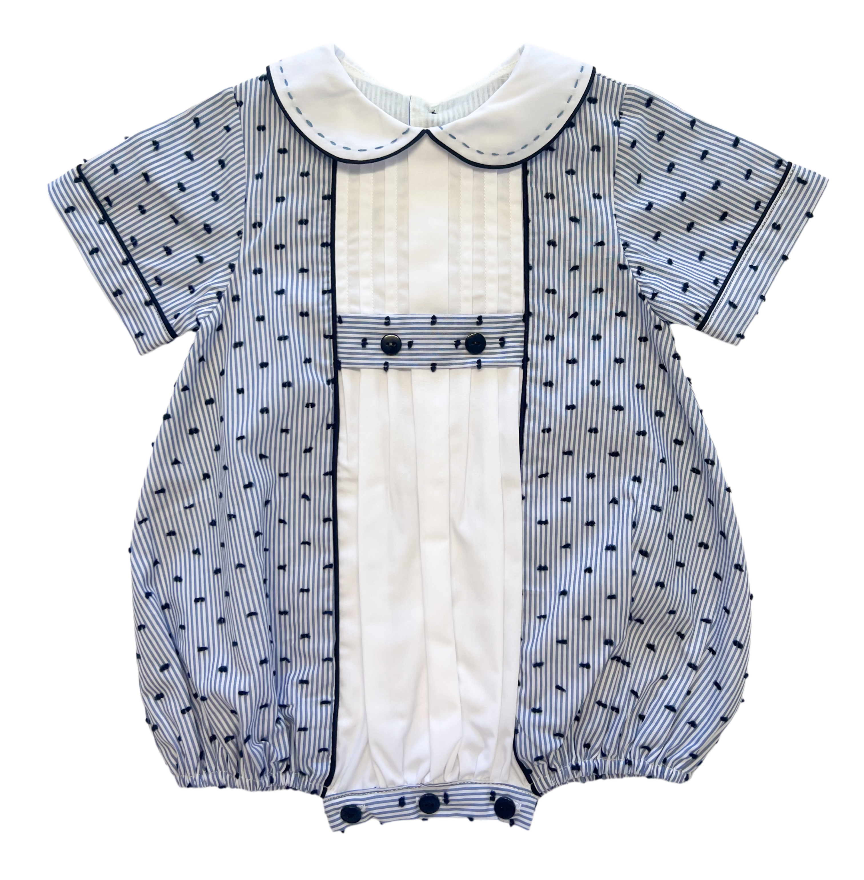 The Pleated Romper ~ Navy Striped Swiss Dot