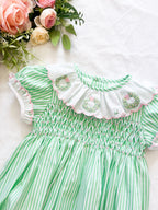 {Sutherby Girls} Signature Smocked Romper ~ Peppermint Green Striped & Candy Pink