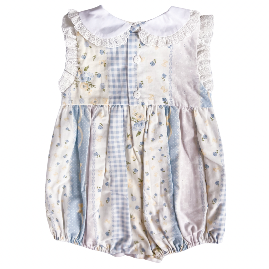{Sutherby Girls} Embroidered Romper ~ Blue Vintage Patchwork