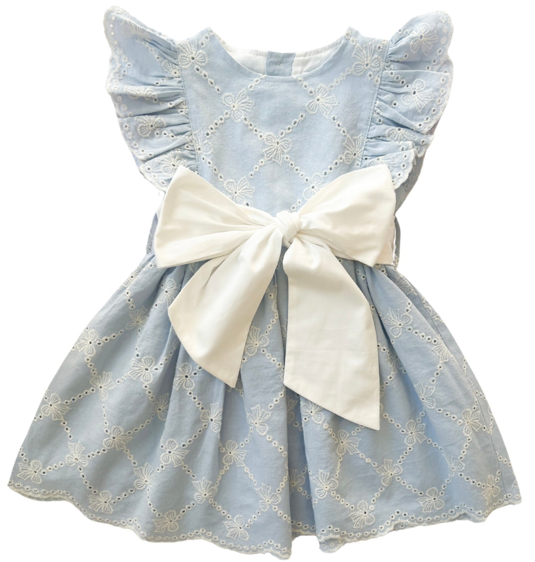 Embroidered Blue Trellis Bow Dress