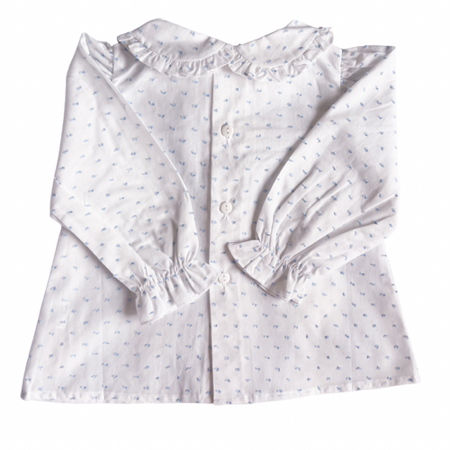 Signature Sutherby Blouse ~ White/Blue Swiss Dot ~ Long-Sleeved