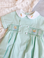 {Sutherby Boys} Signature Smocked Romper - Mint Plaid w/ Bunnies & Heirloom Carrots