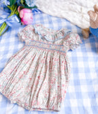 The Smocked Romper - Pink & Blue Bunny Floral