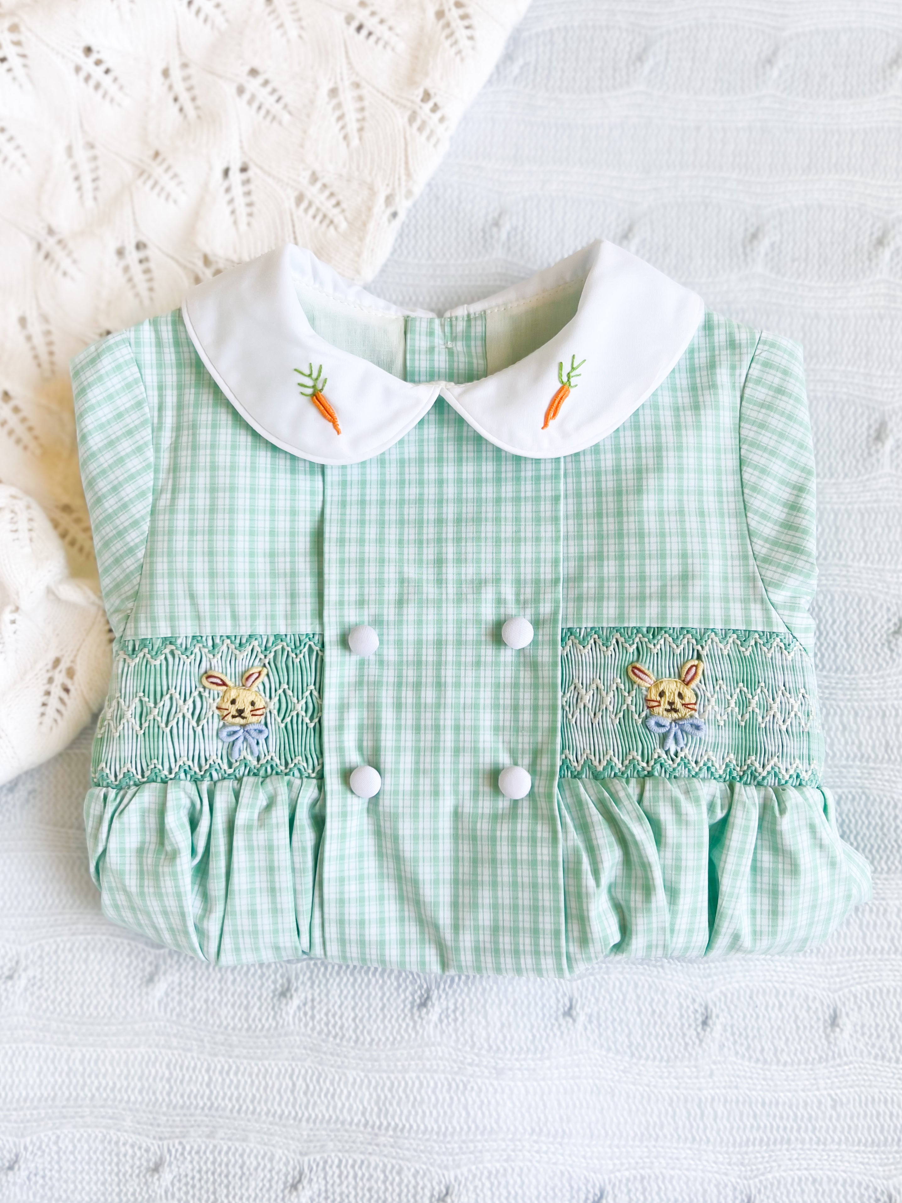 {Sutherby Boys} Signature Smocked Romper - Mint Plaid w/ Bunnies & Heirloom Carrots