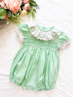 {Sutherby Girls} Signature Smocked Romper ~ Peppermint Green Striped & Candy Pink