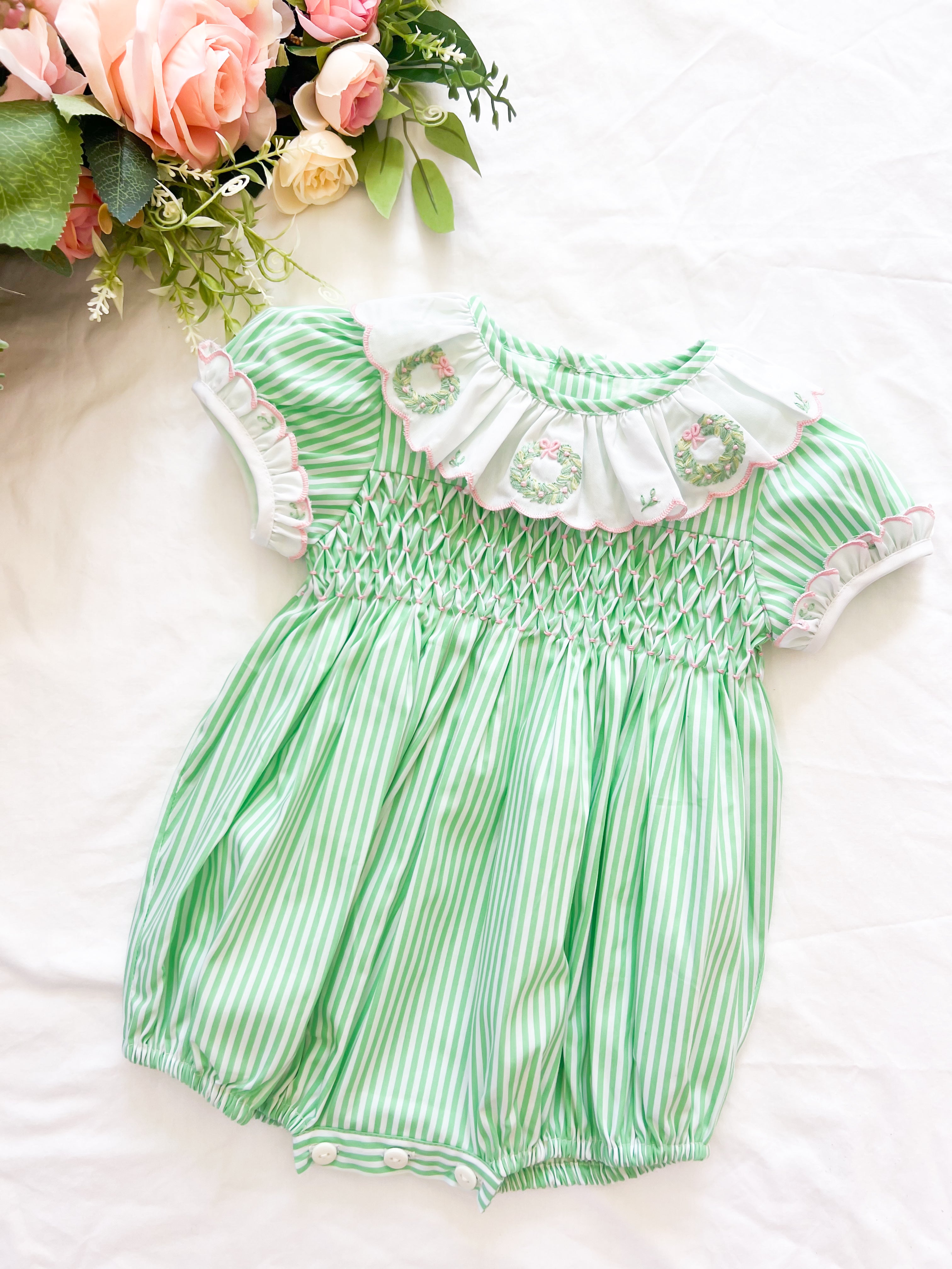 {Sutherby Girls} Signature Smocked Romper ~ Peppermint Green Striped & Candy Pink