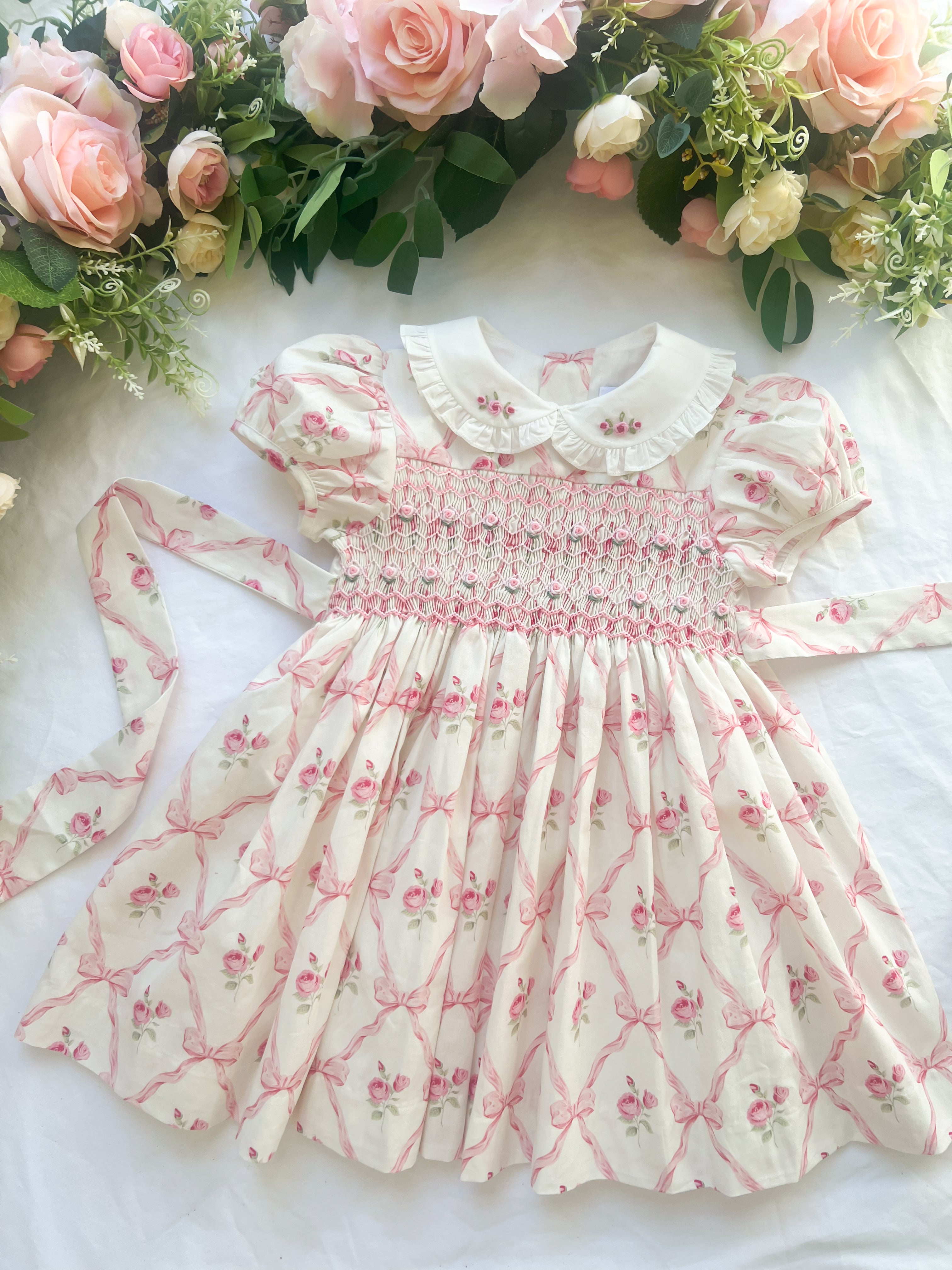 {Sutherby Girls} Signature Smocked Dress - Pink Bow Trellis