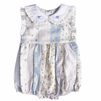 {Sutherby Girls} Embroidered Romper ~ Blue Vintage Patchwork