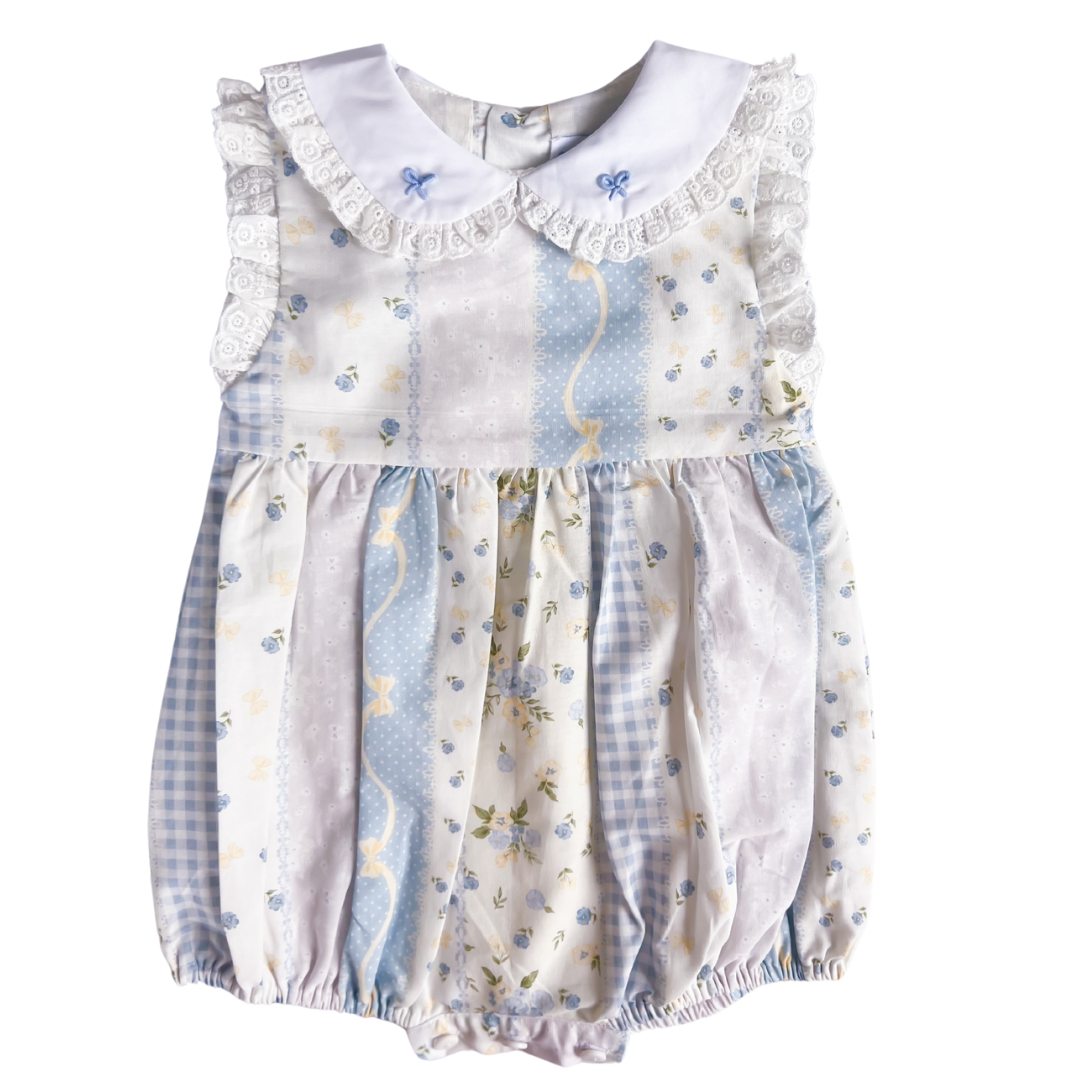 {Sutherby Girls} Embroidered Romper ~ Blue Vintage Patchwork