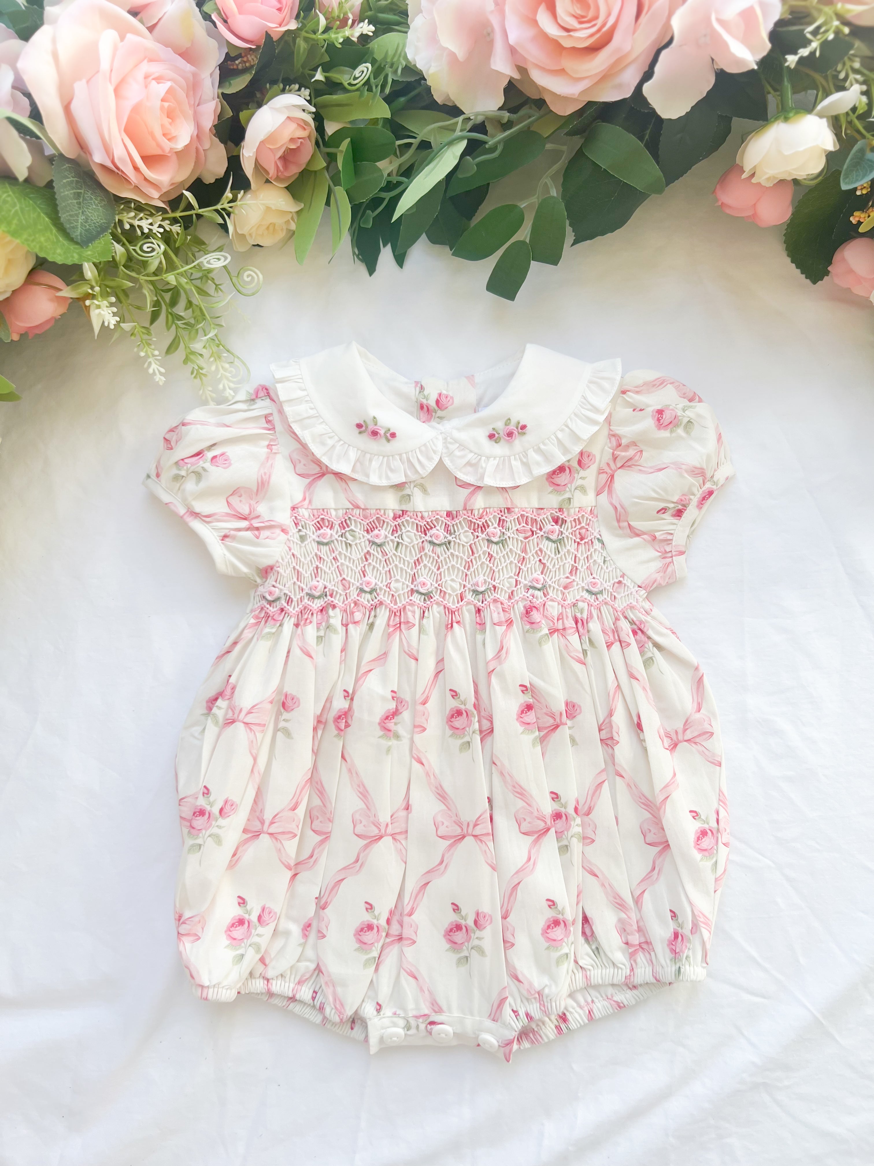 {Sutherby Girls} Signature Smocked Romper ~ Pink Bow Trellis