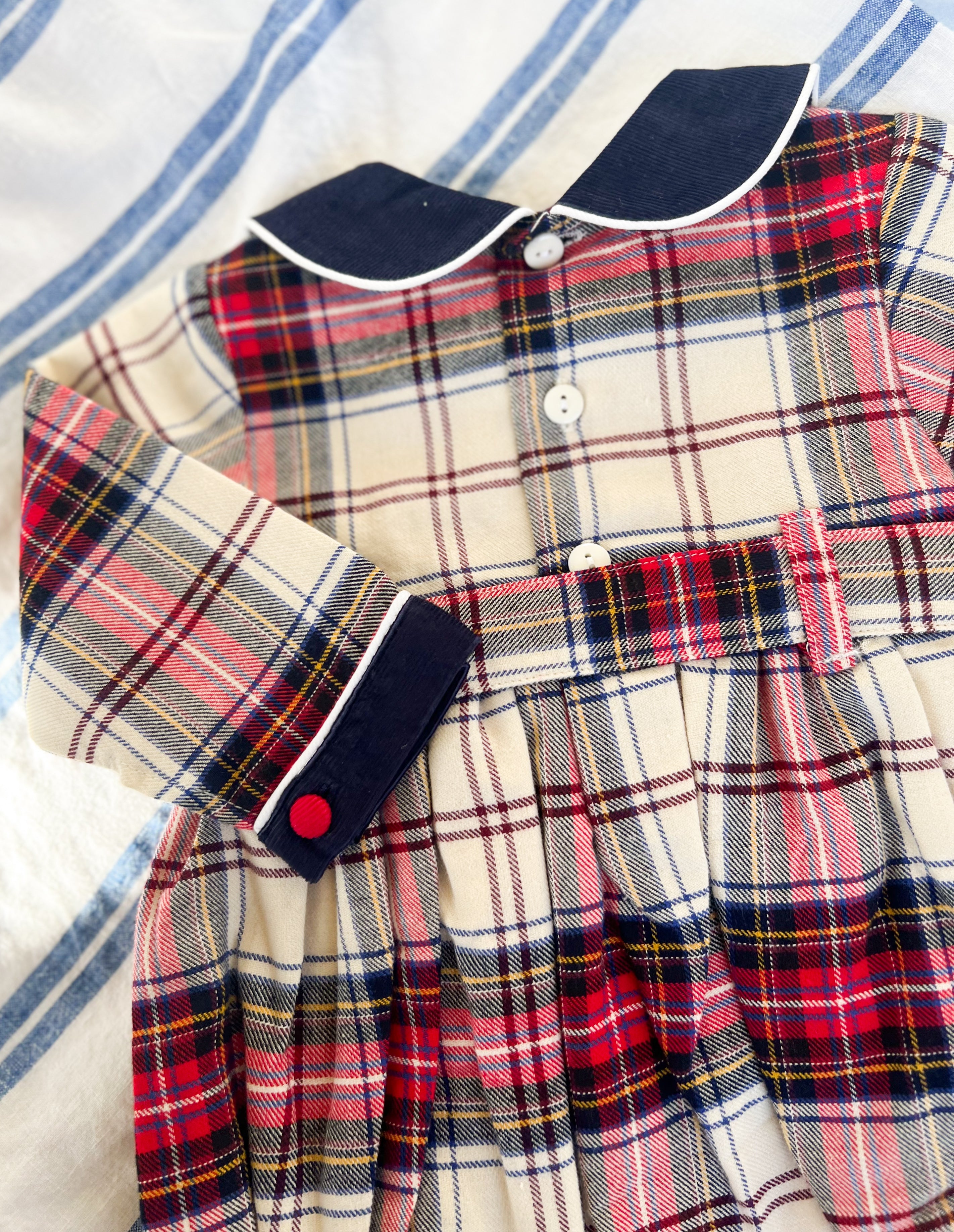 The Smocked Romper - Carnation Red/Navy Tartan