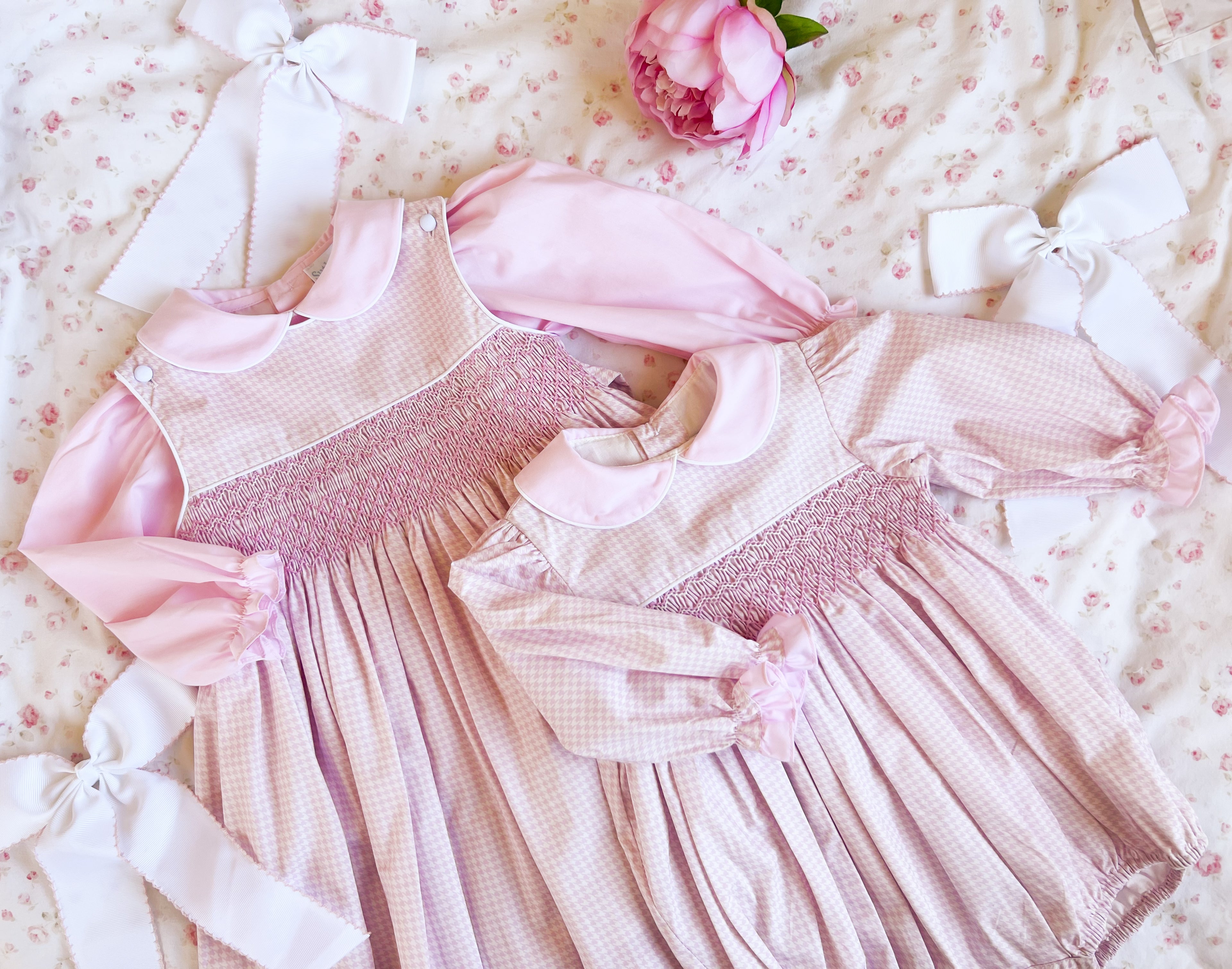 The Smocked Romper - Baby Pink Houndstooth