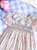 The Smocked Romper - Pink & Blue Bunny Floral