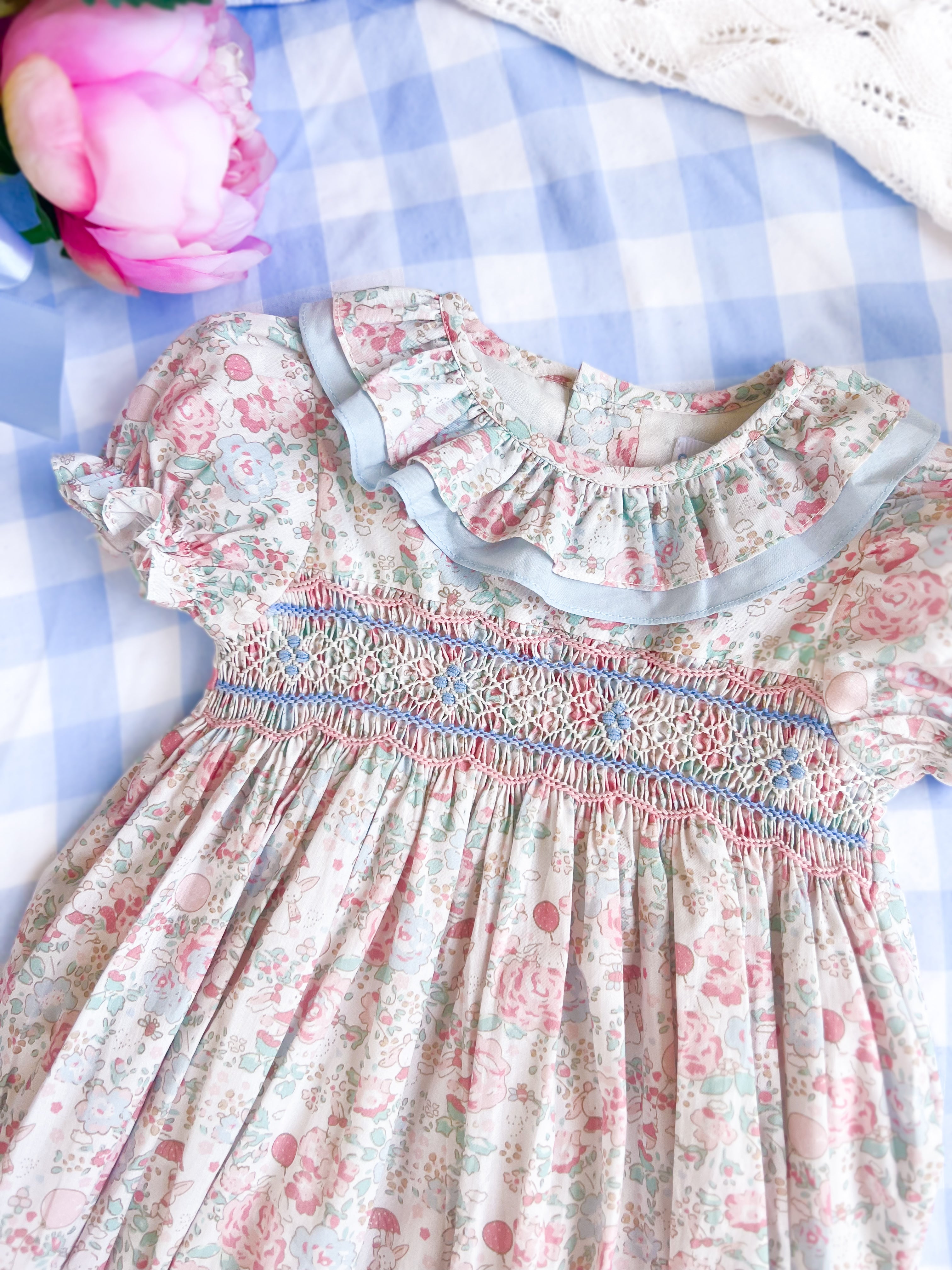 The Smocked Romper - Pink & Blue Bunny Floral