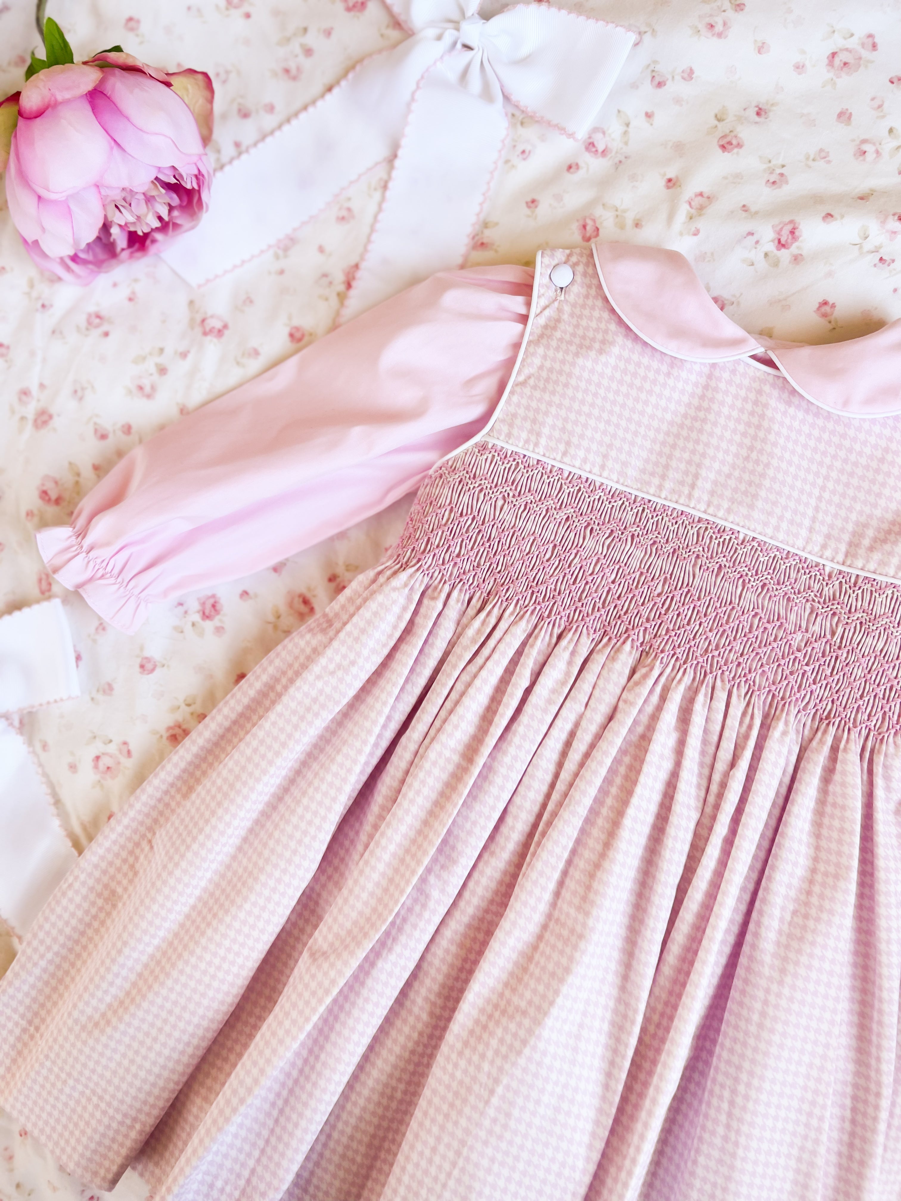 The Smocked Pinafore - Baby Pink Houndstooth