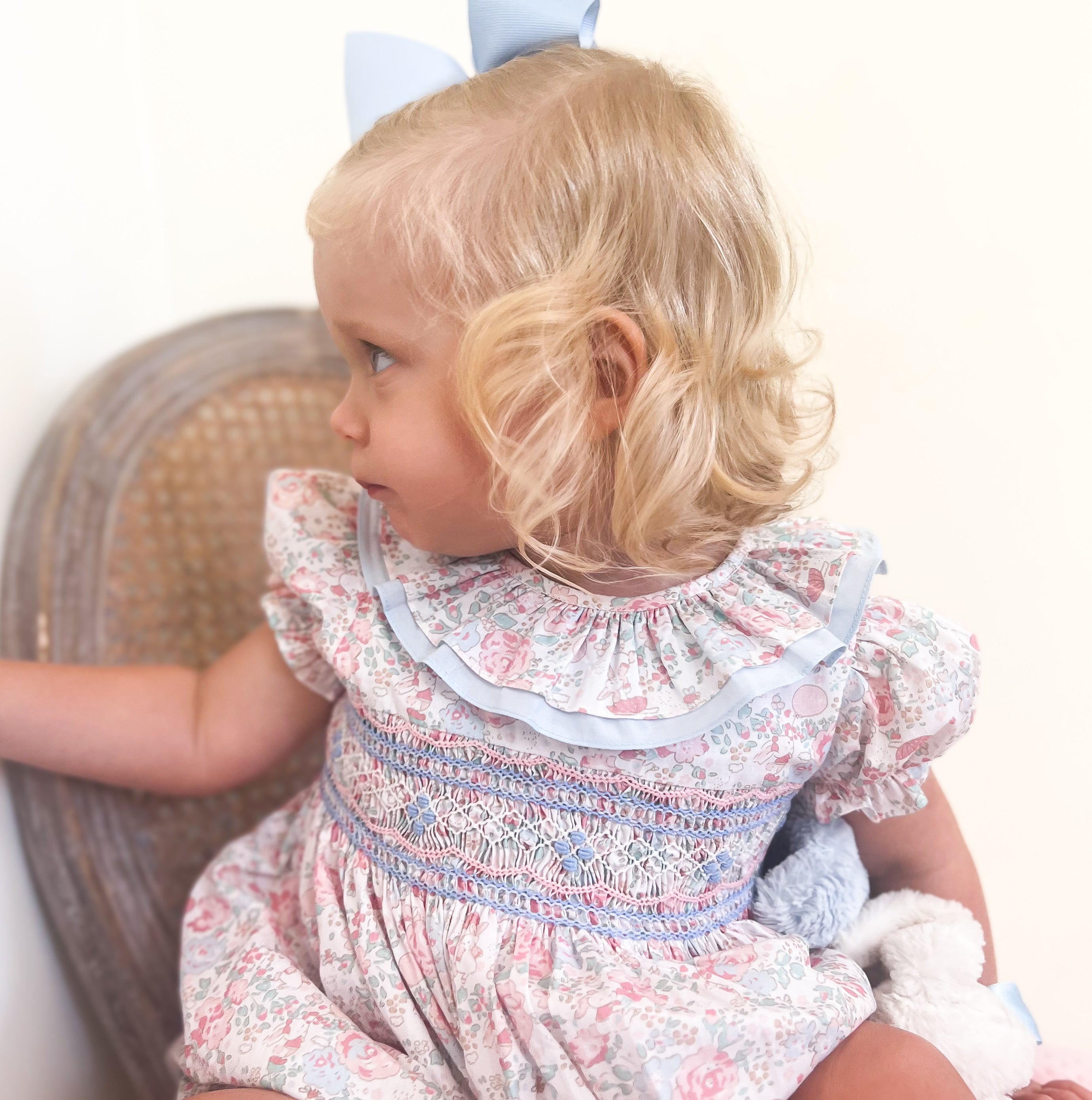 The Smocked Romper - Pink & Blue Bunny Floral