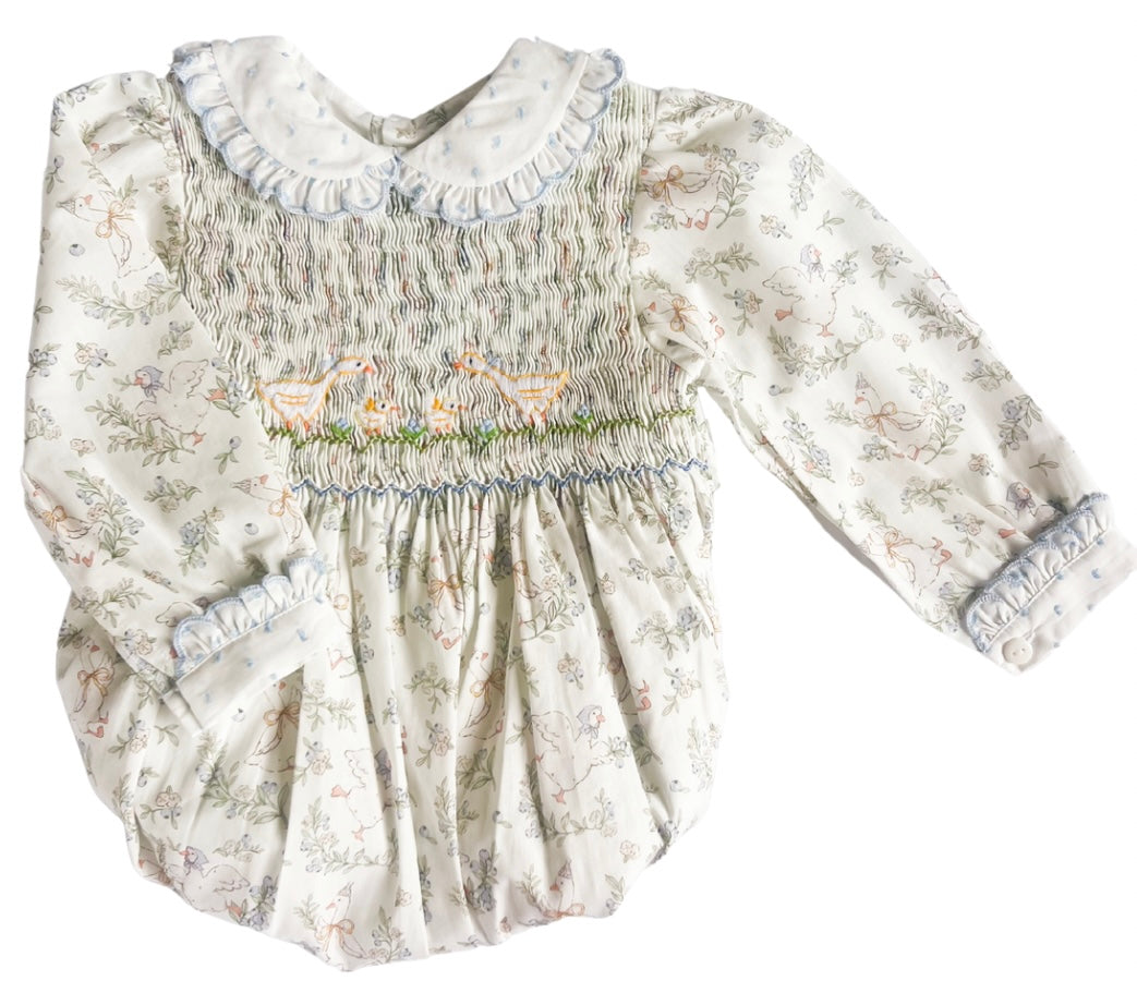 {Sutherby Girls} Signature Smocked Romper ~ 'Country Geese'