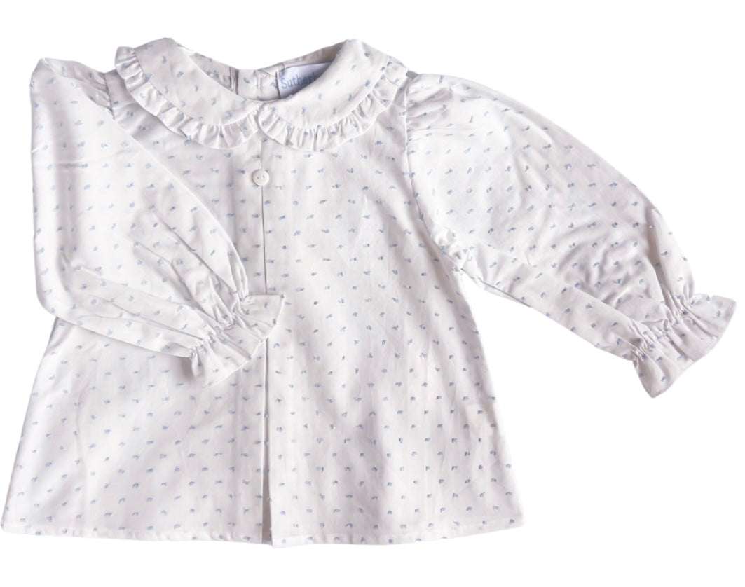 Signature Sutherby Blouse ~ White/Blue Swiss Dot ~ Long-Sleeved