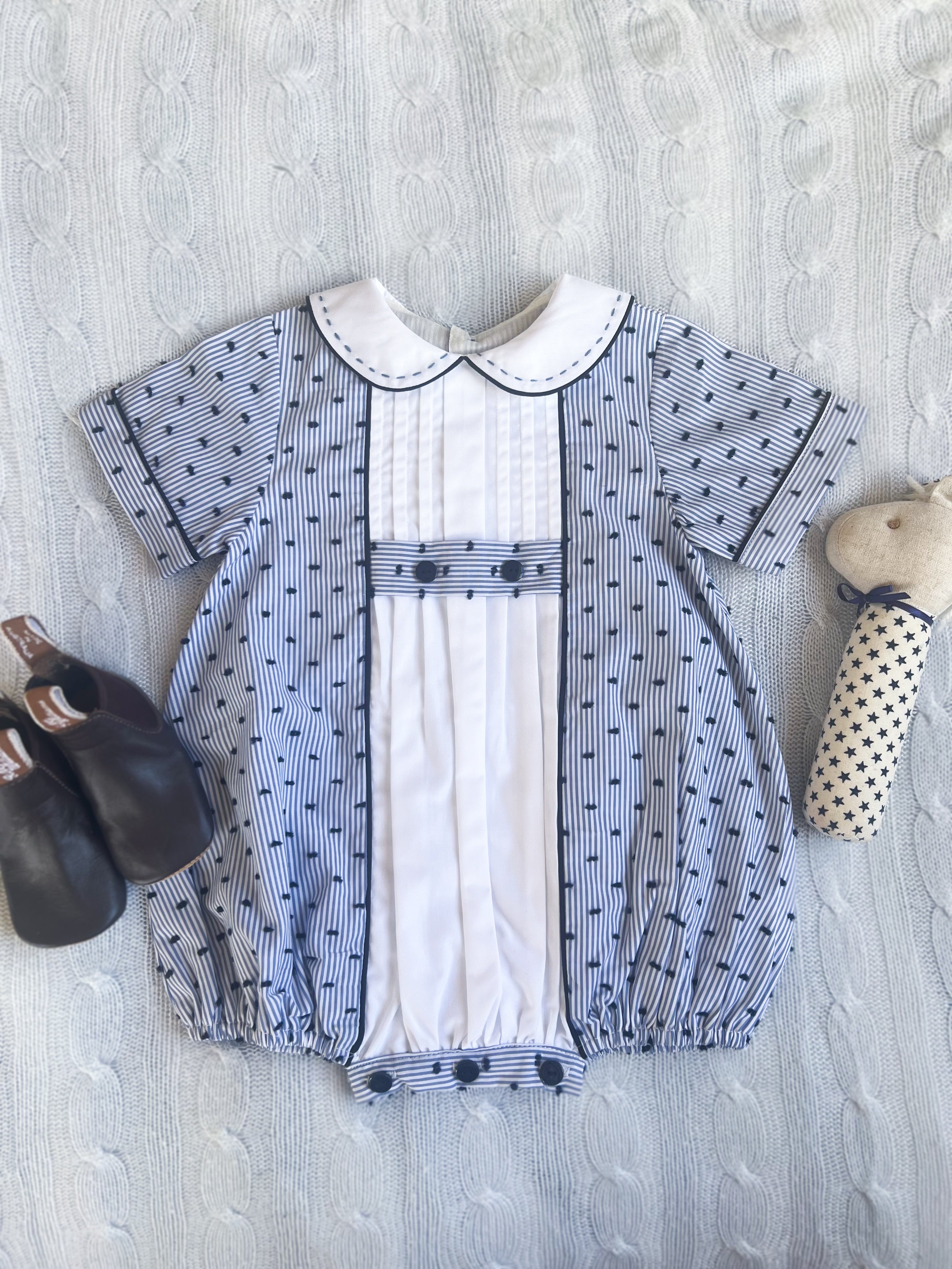 The Pleated Romper ~ Navy Striped Swiss Dot