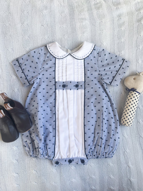 The Pleated Romper ~ Navy Striped Swiss Dot