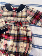The Smocked Romper - Carnation Red/Navy Tartan