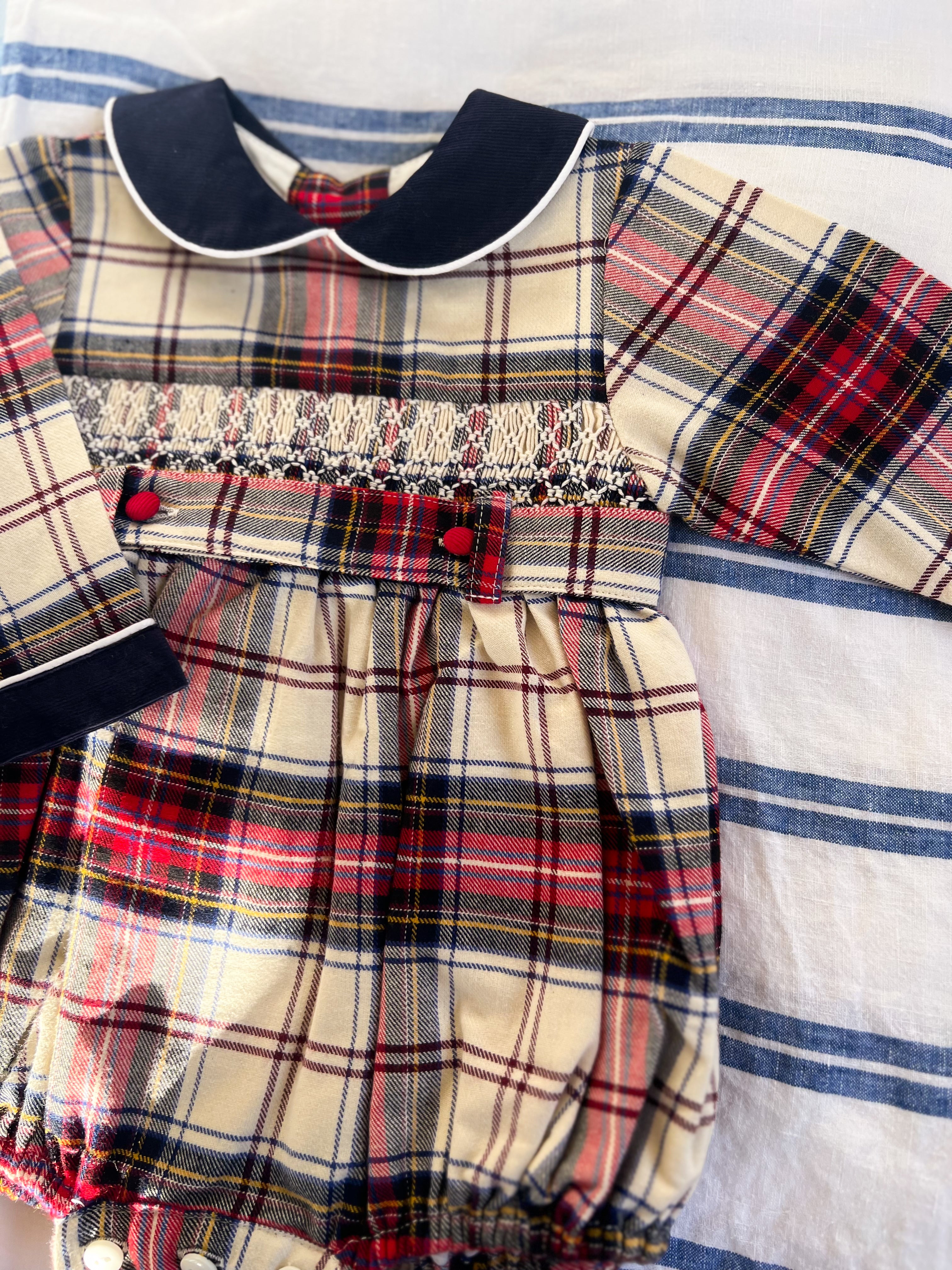 The Smocked Romper - Carnation Red/Navy Tartan