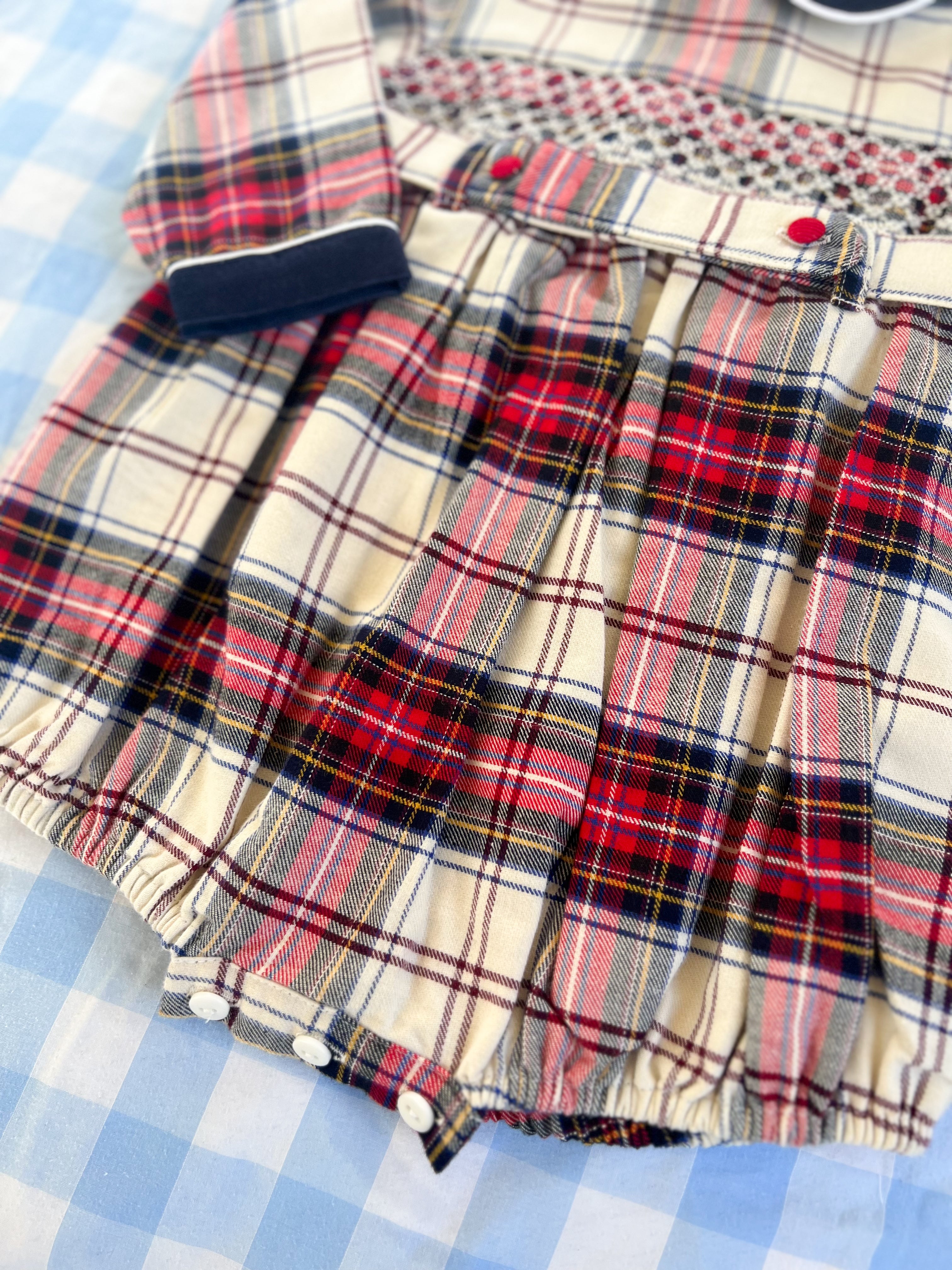 The Smocked Romper - Carnation Red/Navy Tartan