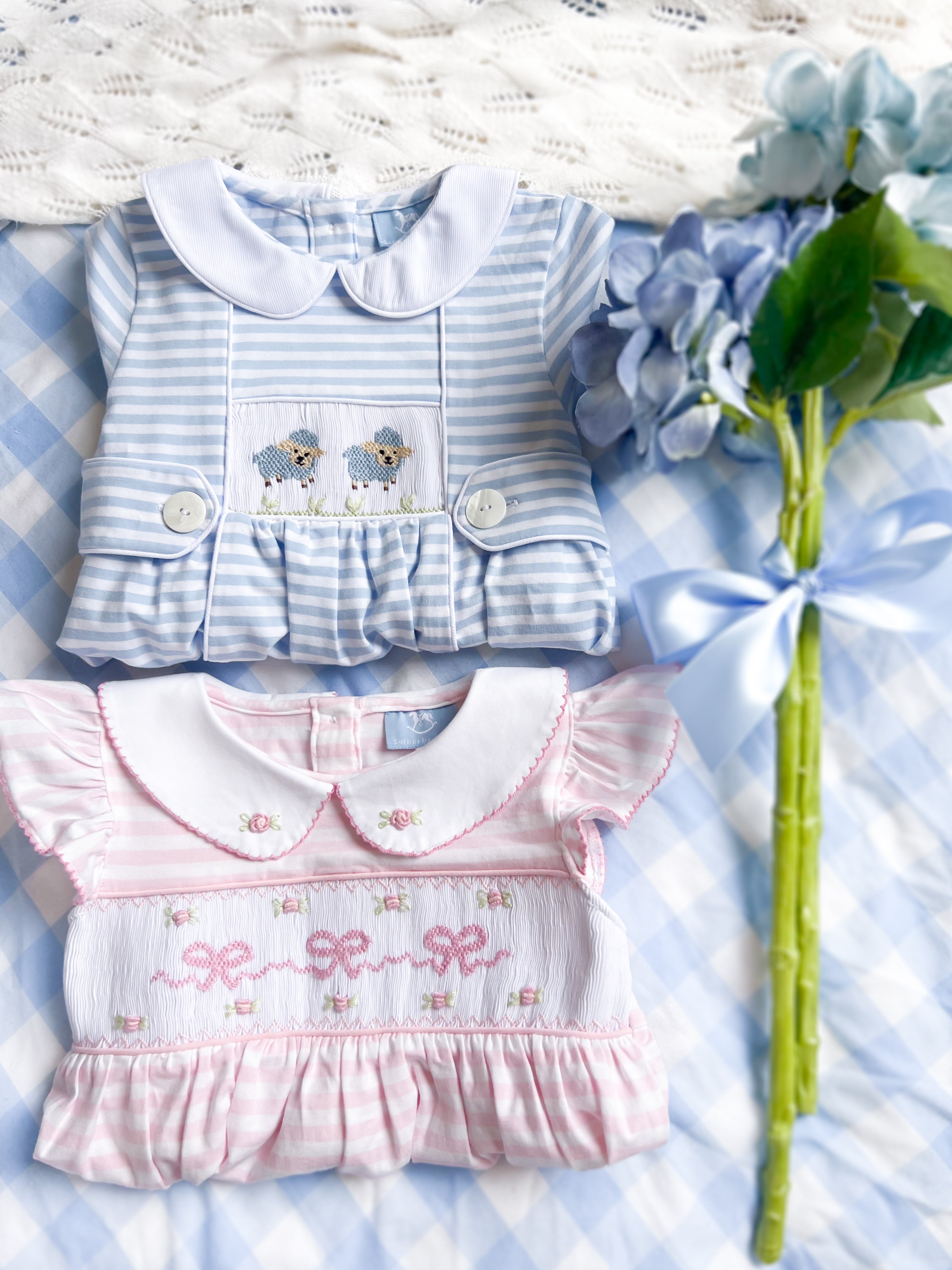The Smocked Layette Romper - Blue Sheep