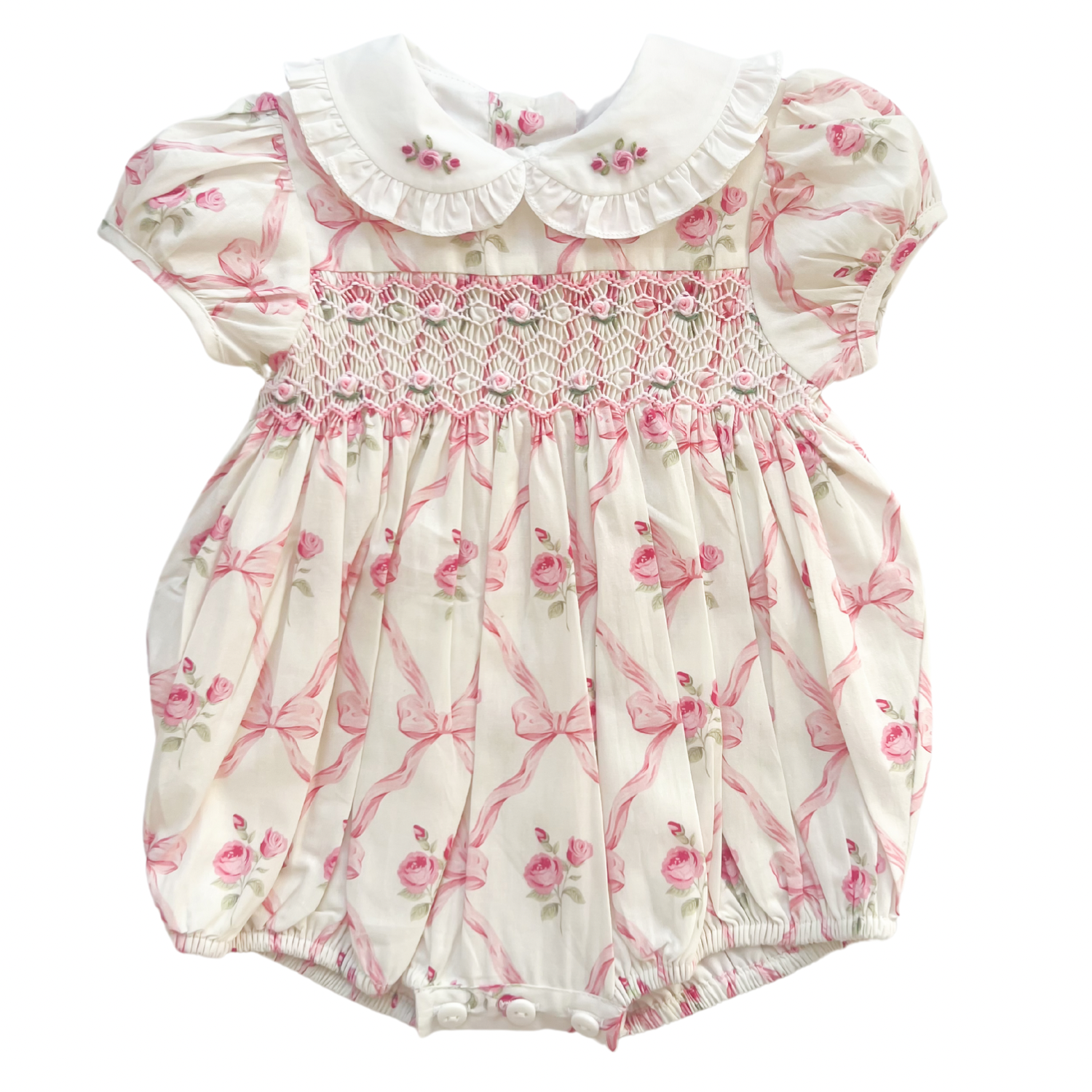 {Sutherby Girls} Signature Smocked Romper ~ Pink Bow Trellis
