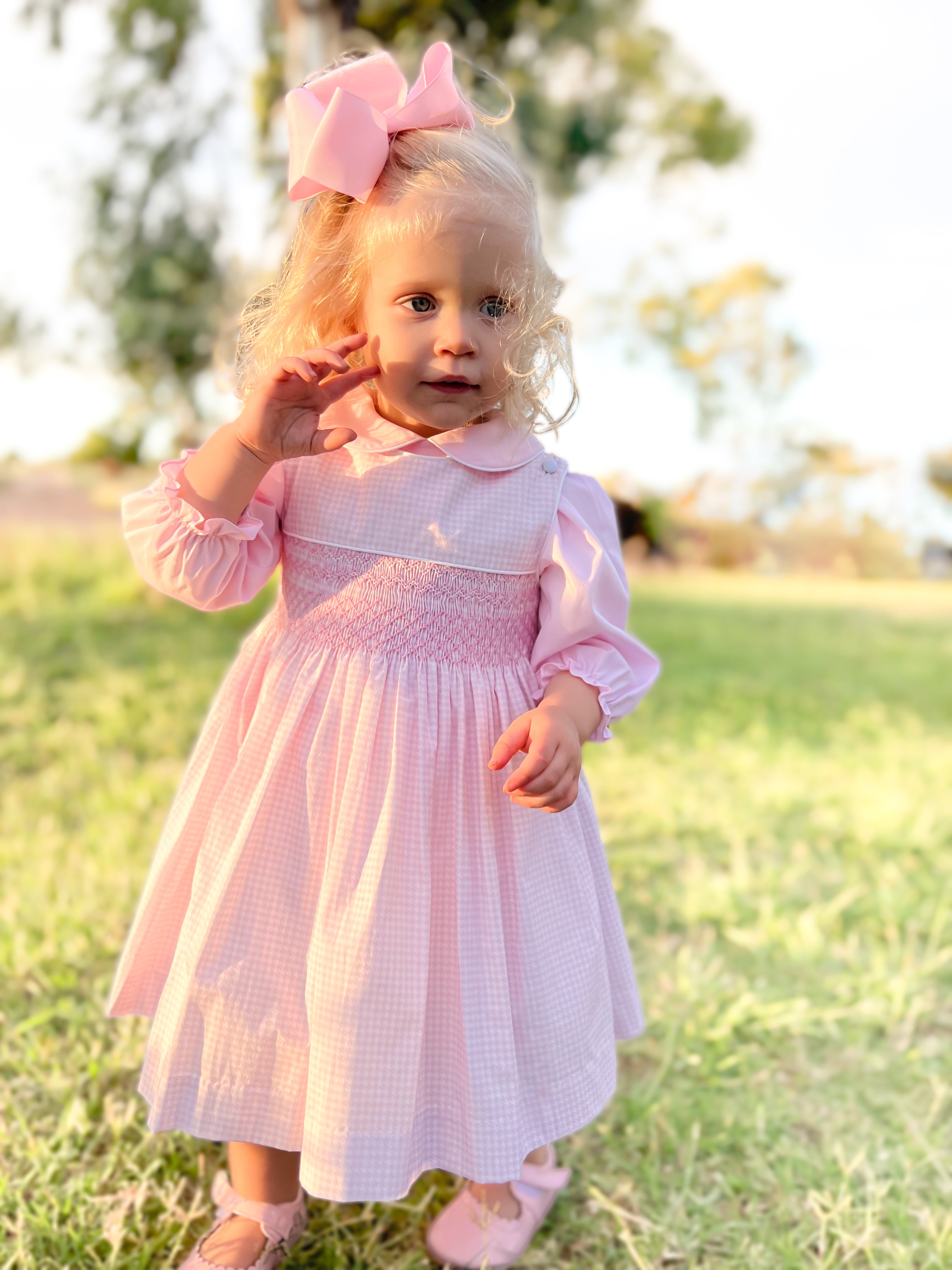 The Smocked Pinafore - Baby Pink Houndstooth