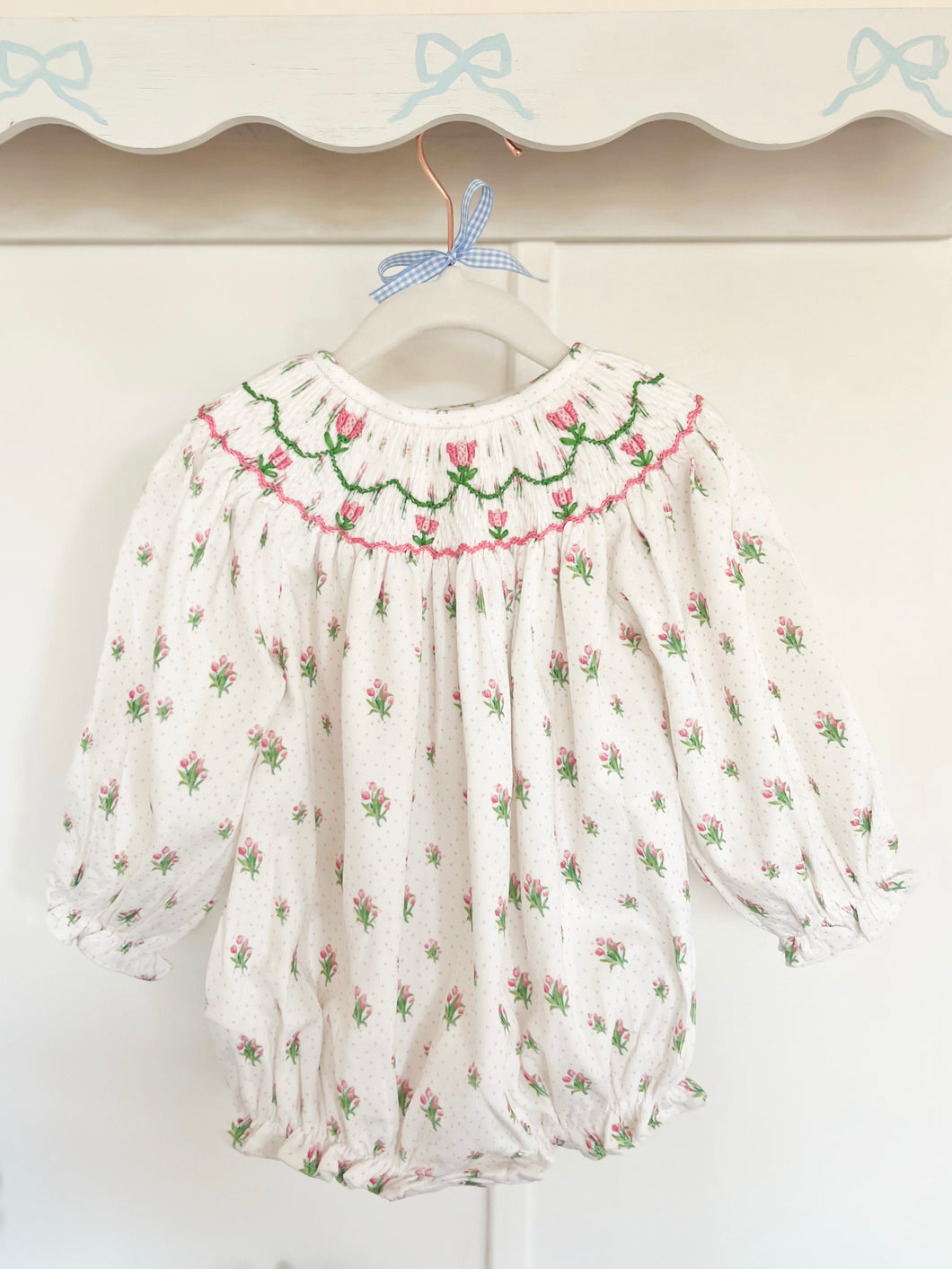 SS The Smocked Bishop Romper - Vintage Tulips Corduroy