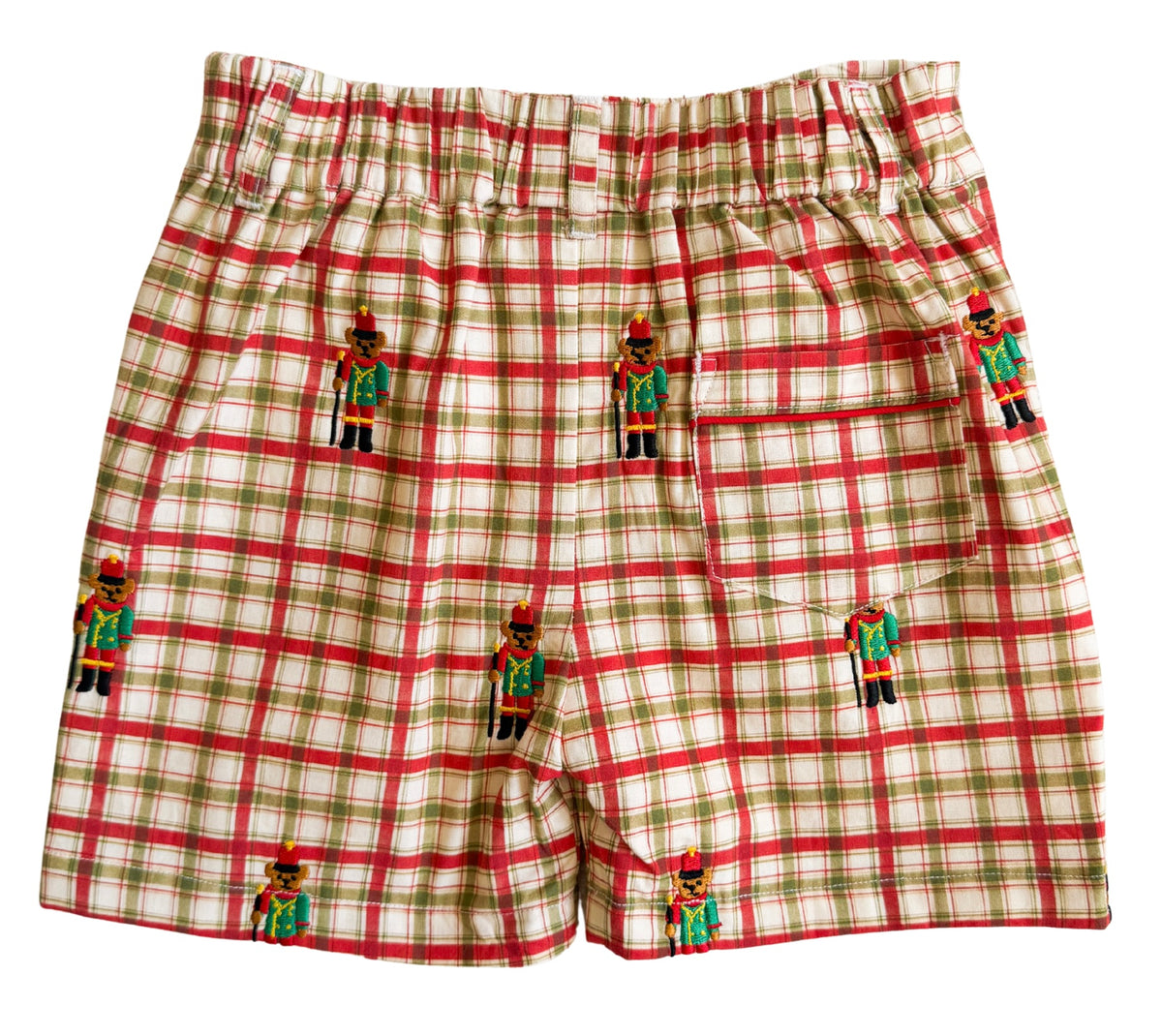 {Sutherby Boys} Classic Prep Shorts ~ Storybook Christmas Plaid w/ Teddy Soldier Embroidery