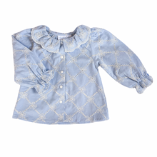 Load image into Gallery viewer, Embroidered Blue Trellis Bow Blouse
