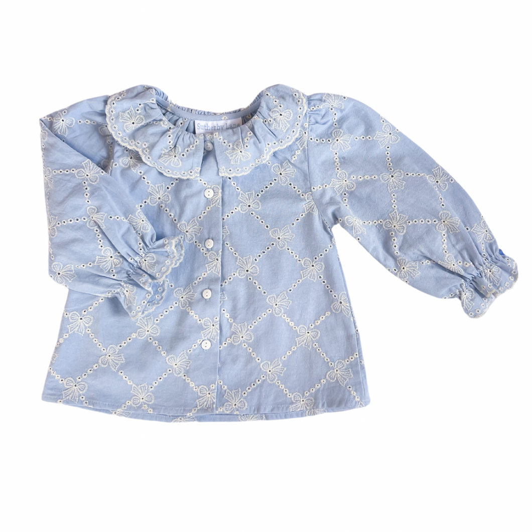 Embroidered Blue Trellis Bow Blouse