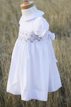 {Sutherby Girls} Signature Smocked Dress ~ White/Pink Rosebuds