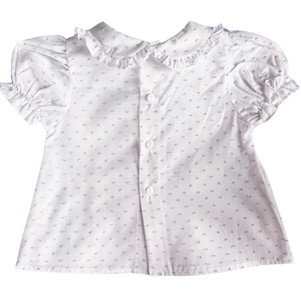 Signature Sutherby Blouse ~ White/Blue Swiss Dot ~ Short-Sleeved