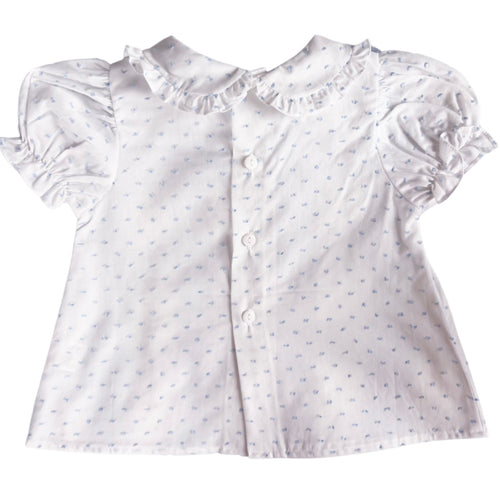Signature Sutherby Blouse ~ White/Blue Swiss Dot ~ Short-Sleeved