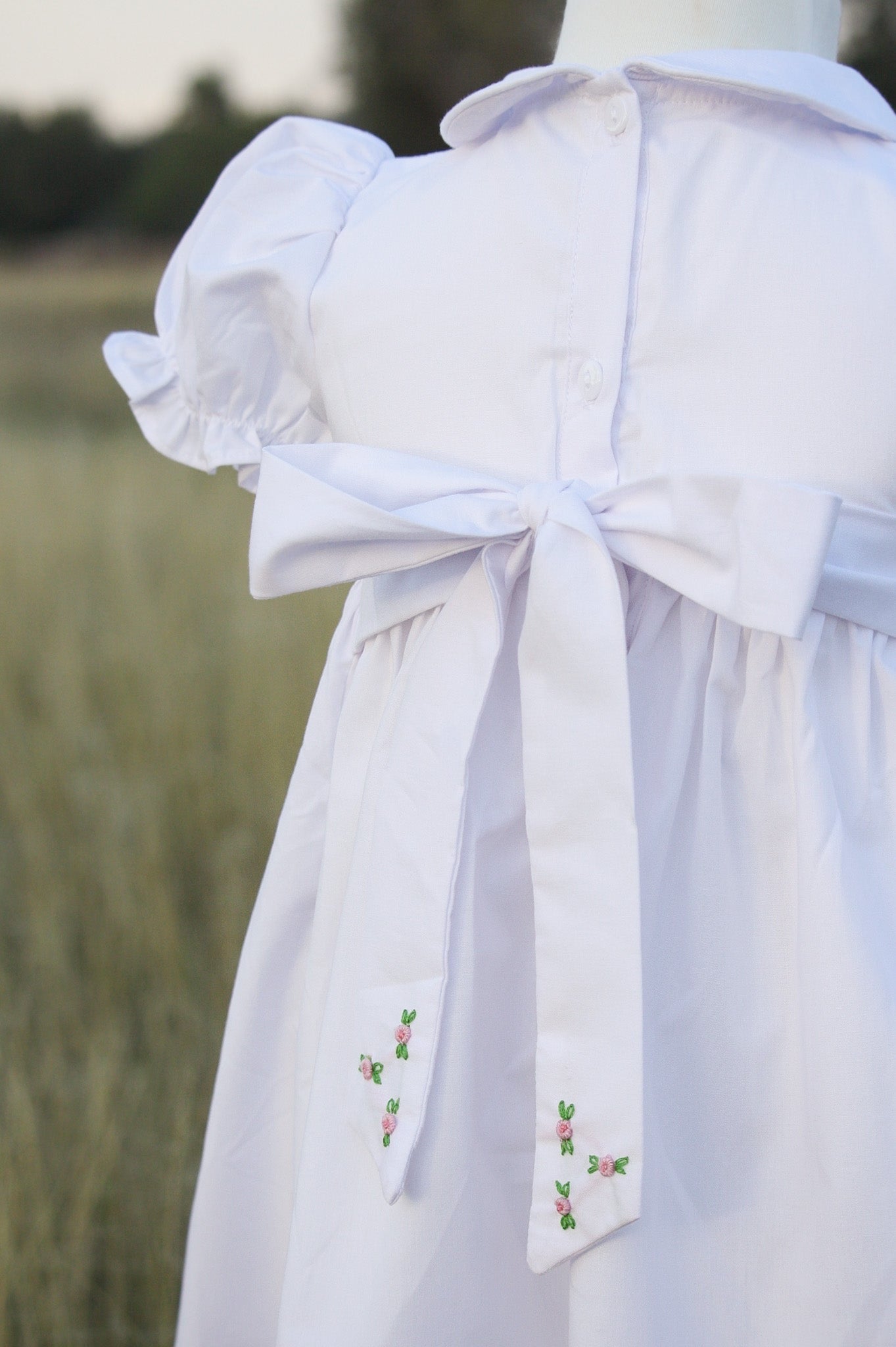 {Sutherby Girls} Signature Smocked Dress ~ White/Pink Rosebuds
