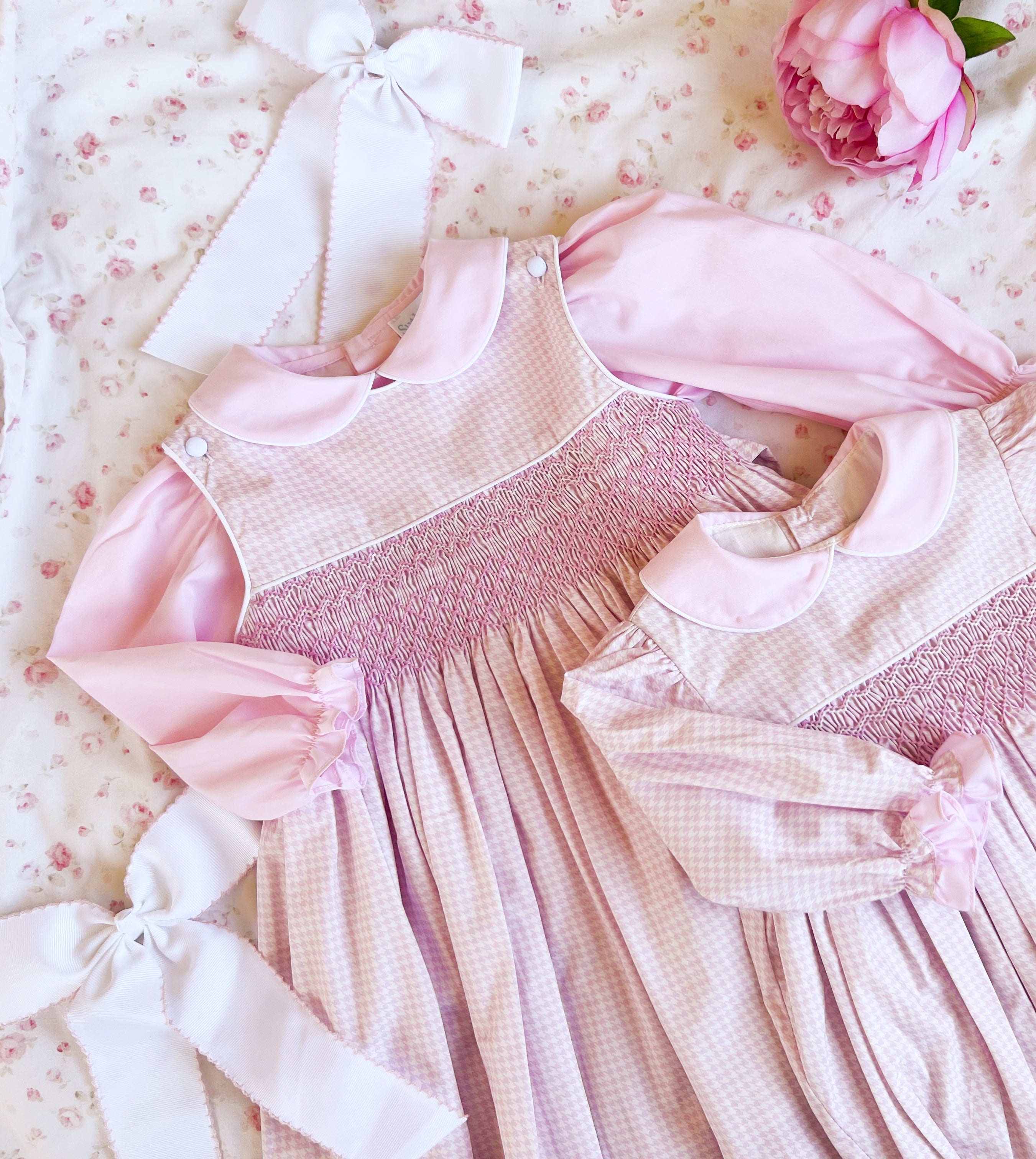 The Smocked Pinafore - Baby Pink Houndstooth