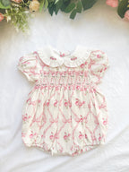 {Sutherby Girls} Signature Smocked Romper ~ Pink Bow Trellis