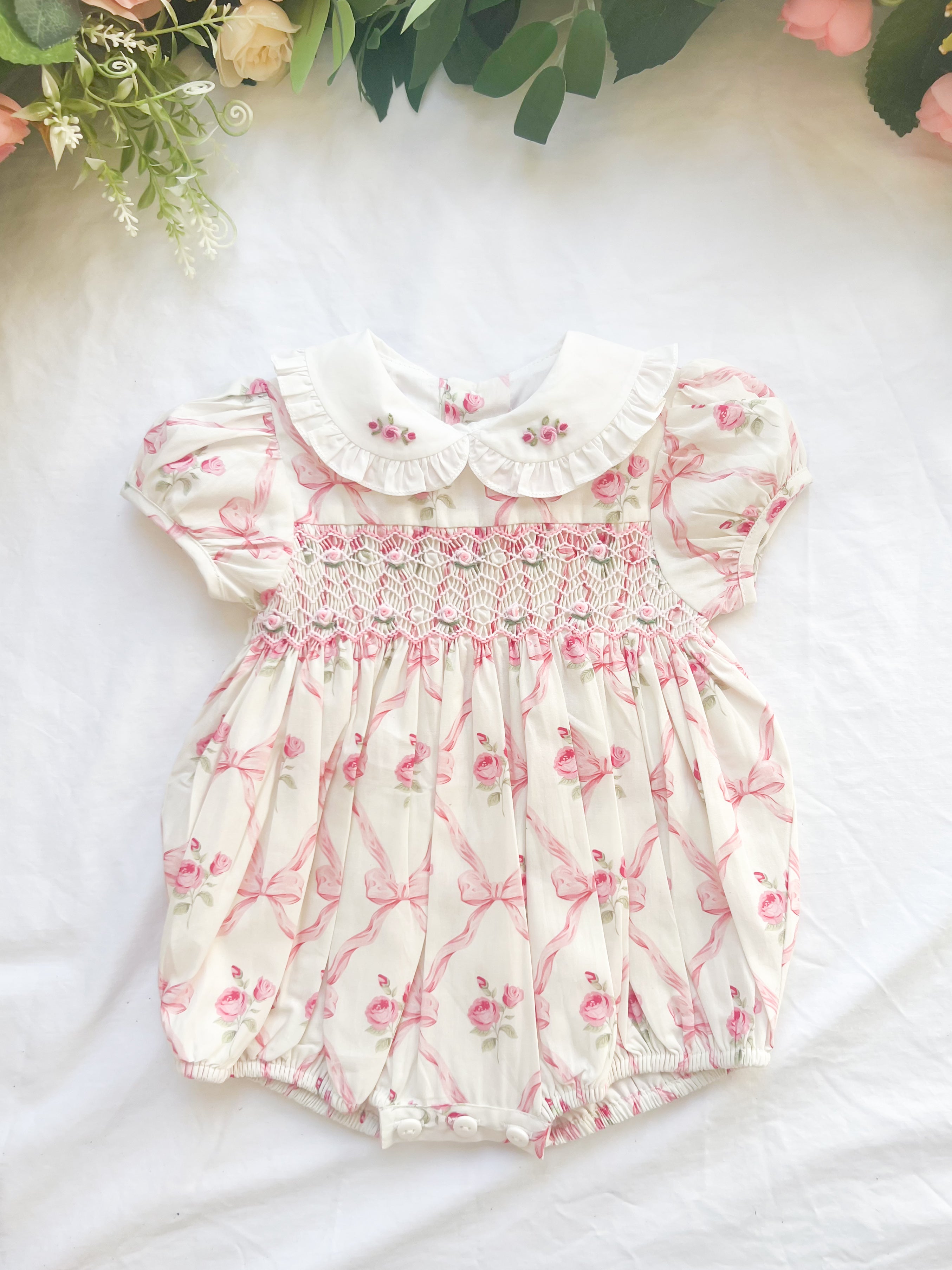 {Sutherby Girls} Signature Smocked Romper ~ Pink Bow Trellis
