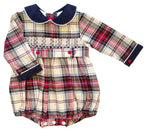 The Smocked Romper - Carnation Red/Navy Tartan