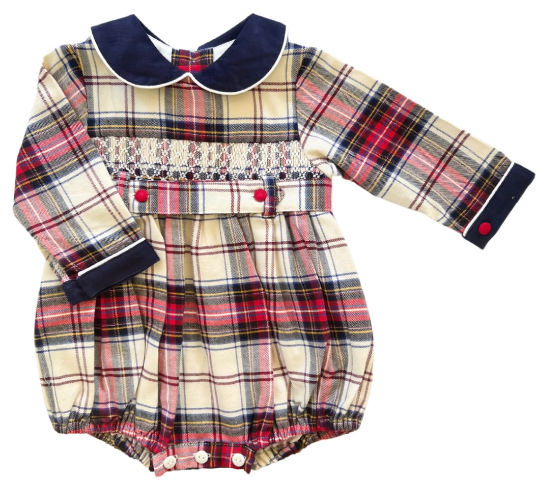 The Smocked Romper - Carnation Red/Navy Tartan