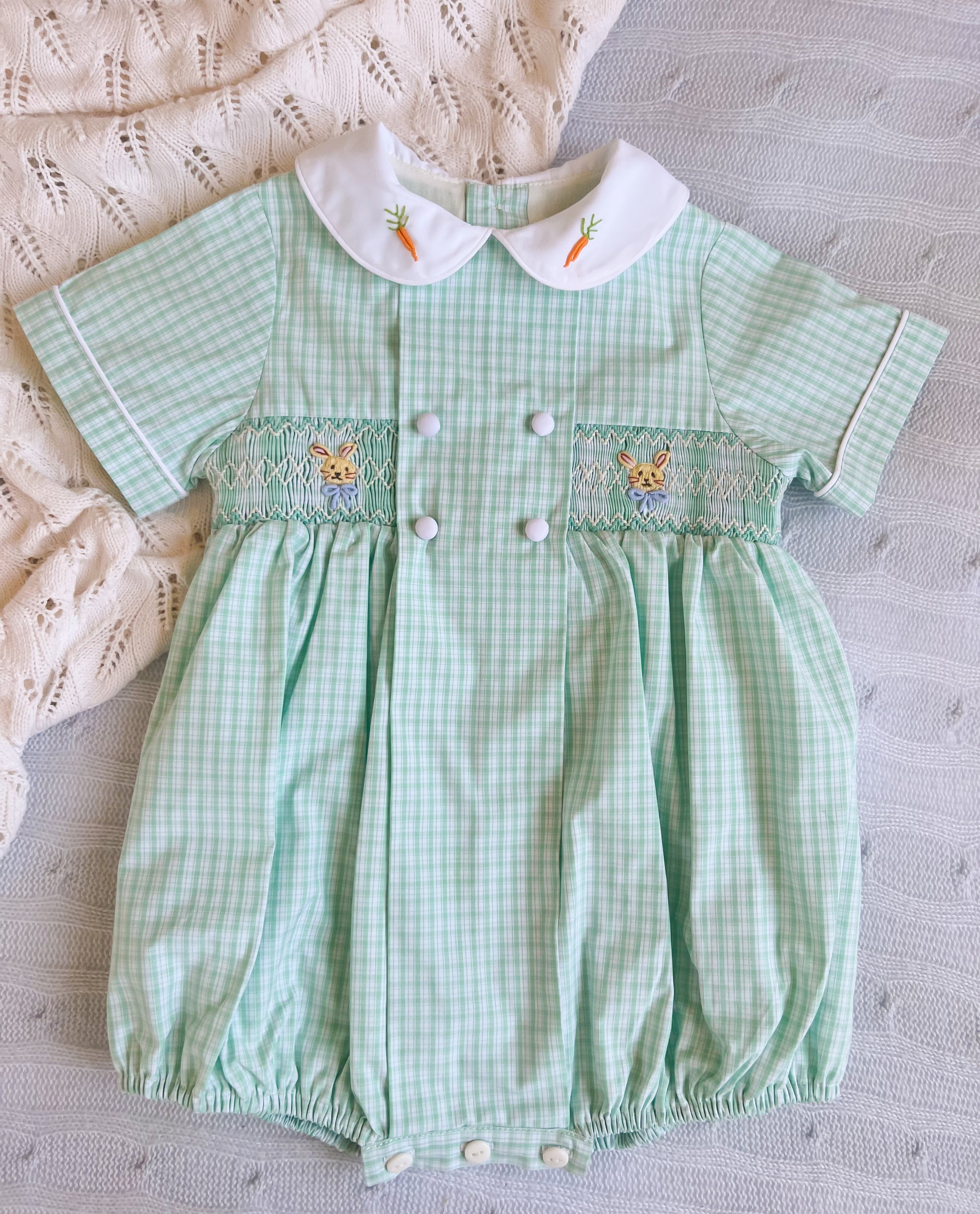 {Sutherby Boys} Signature Smocked Romper - Mint Plaid w/ Bunnies & Heirloom Carrots
