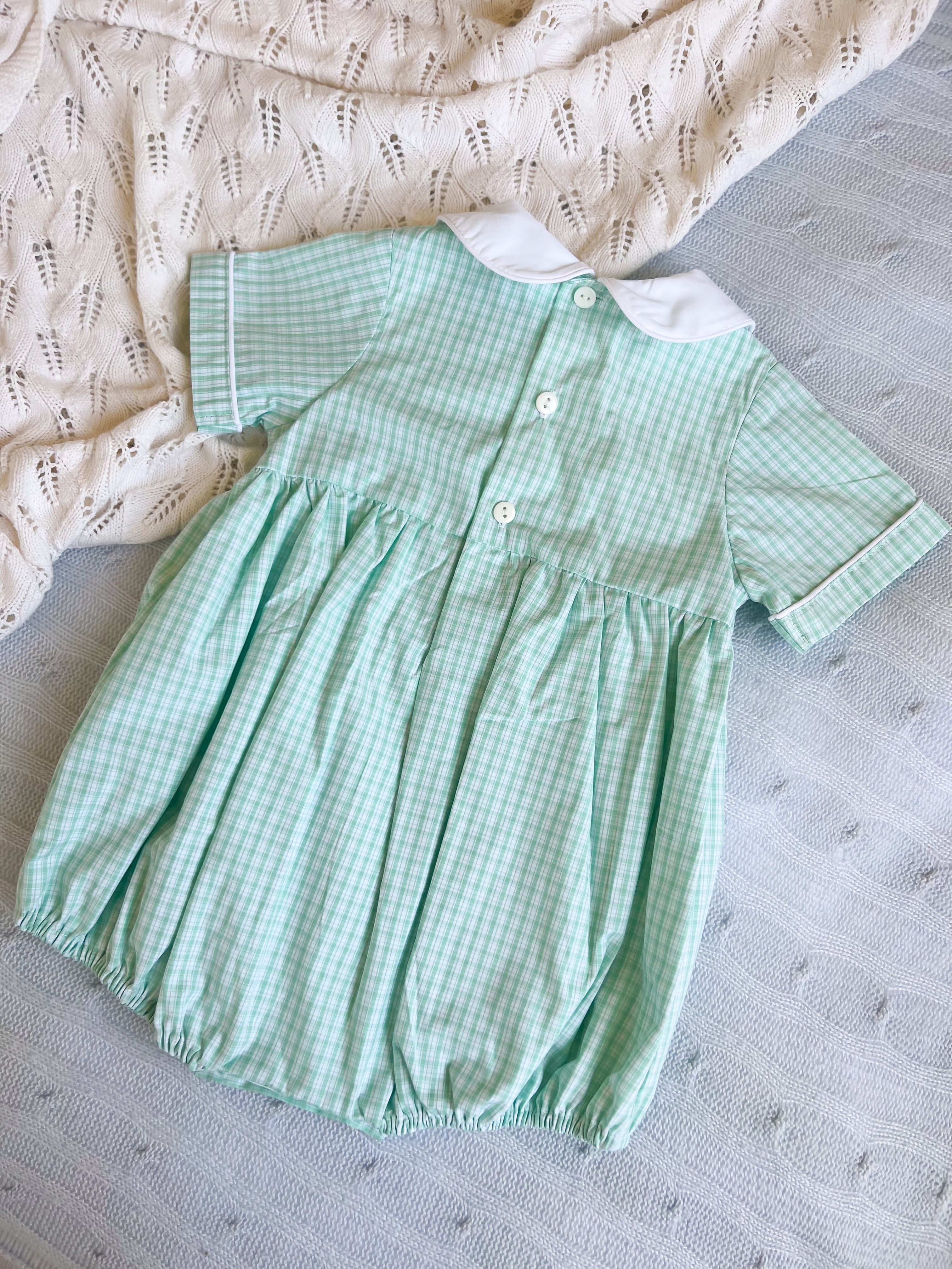 {Sutherby Boys} Signature Smocked Romper - Mint Plaid w/ Bunnies & Heirloom Carrots