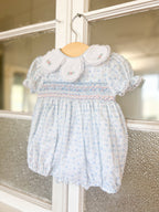 {Sutherby Girls} Signature Petal Collar Smocked Romper - Teacup Floral
