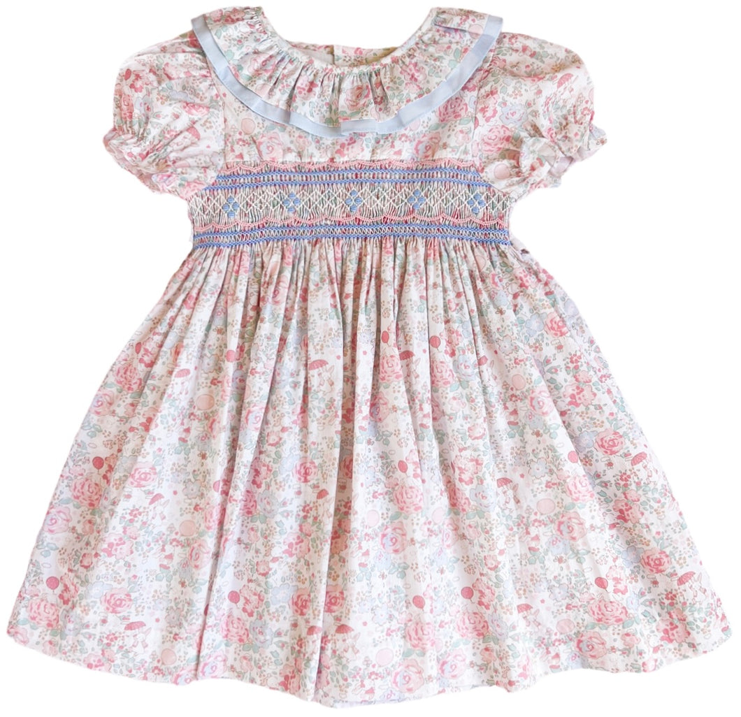 The Smocked Dress - Pink & Blue Bunny Floral