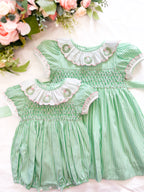 {Sutherby Girls} Signature Smocked Romper ~ Peppermint Green Striped & Candy Pink